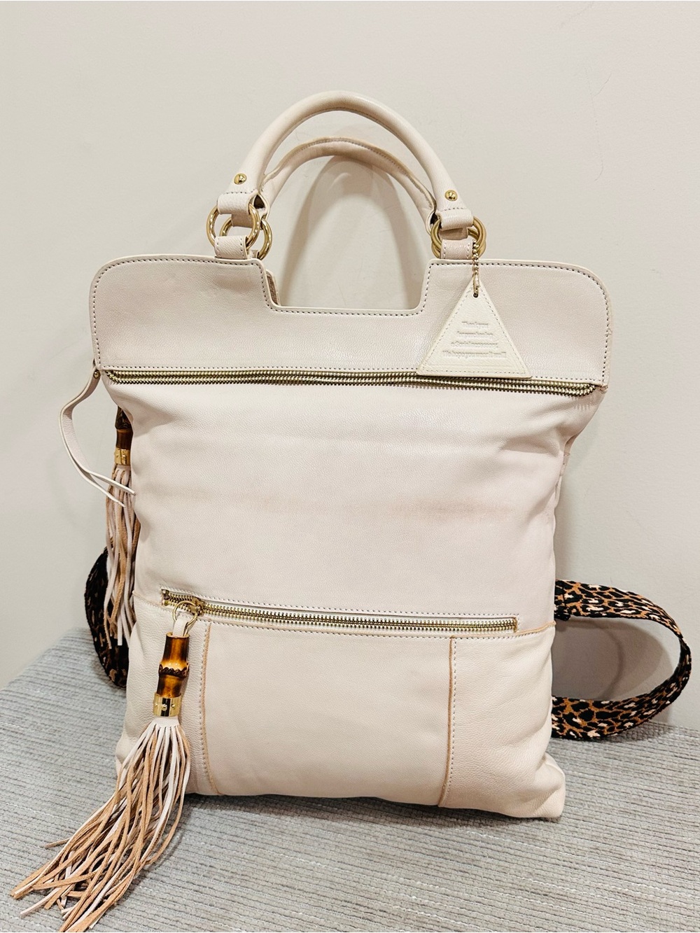 Sorial New York Leather Convertible Backpack Tote Bag Ivory Bamboo Leopard Cream - Picture 3 of 15